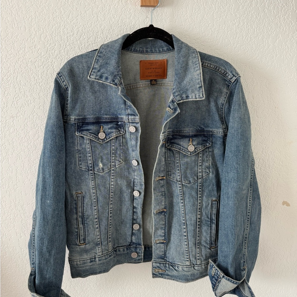 Lucky Brand Light Blue Denim Jacket with Brown Leather Patch